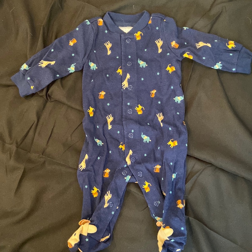 0-3m blue long sleeve onesie with animals
